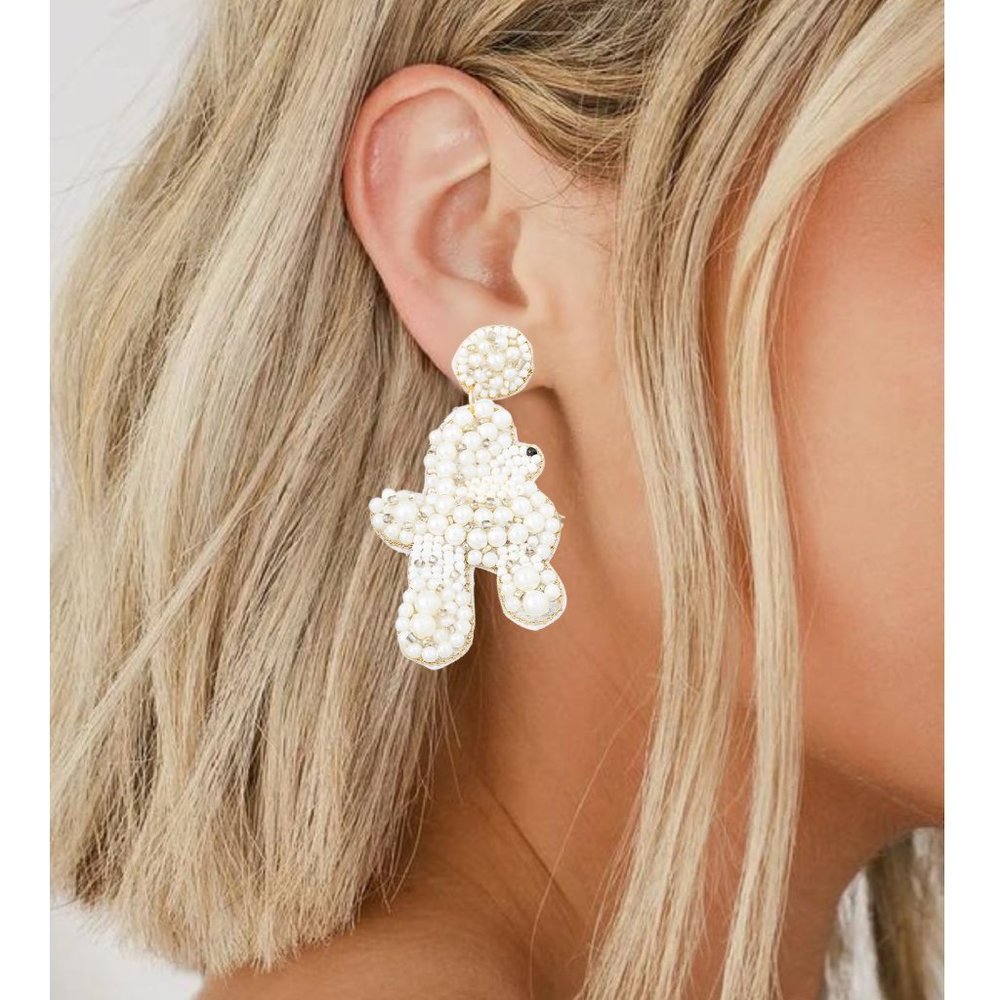 NEW Seed Beaded White Poodle Dog Breed Statement Earrings